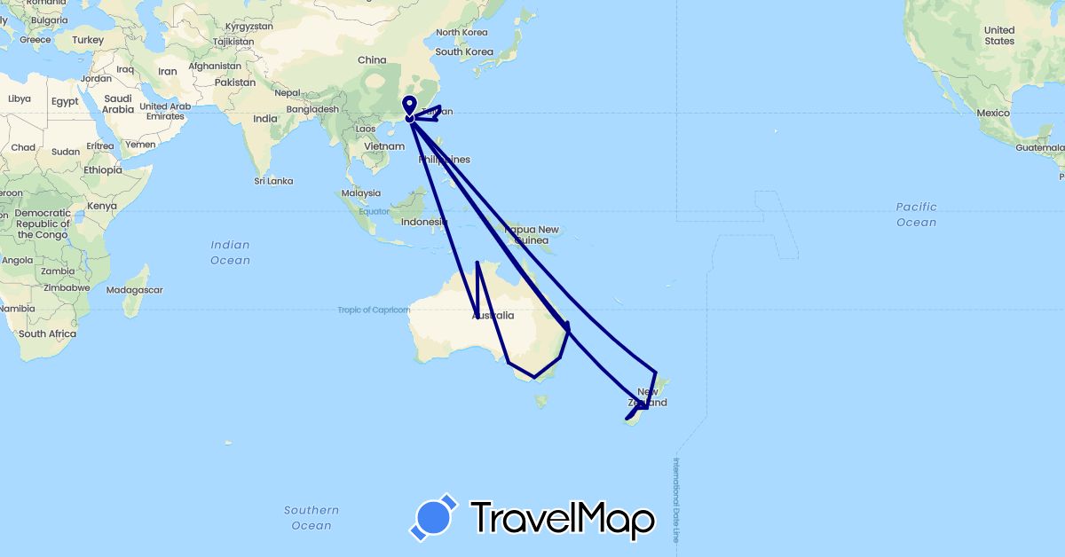 TravelMap itinerary: driving in Australia, China, New Zealand, Taiwan (Asia, Oceania)